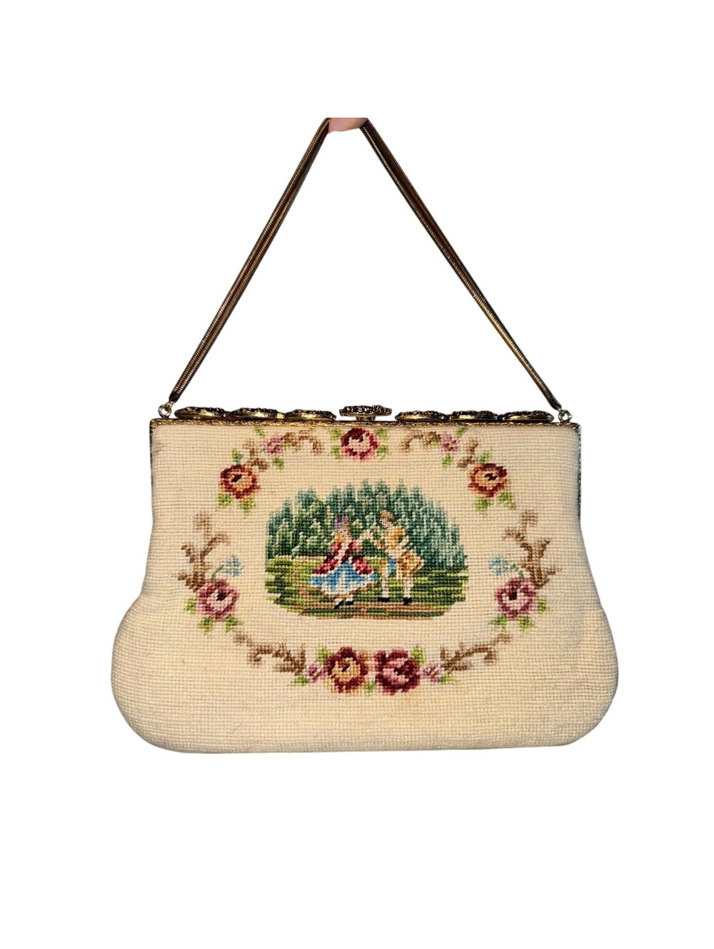 Vintage Handmade Needlepoint Mini Handbag Clutch Victorian Femme 9" Gold Frame